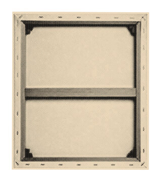 Stretched artist's canvas back side view with a wooden subframe, rendered in a vintage halftone dot illustration style