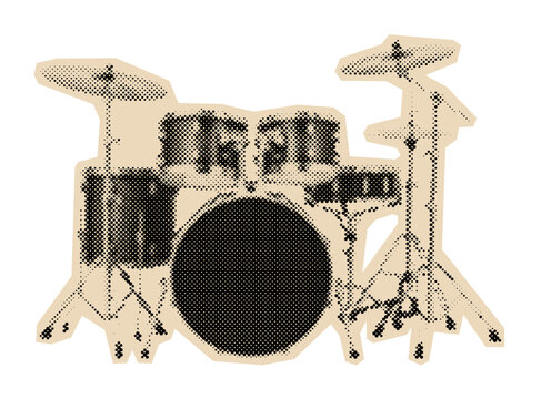 Complete drum kit musical instrument for playing rock music, illustrated in a vintage black and white halftone dot or engraving pop art style