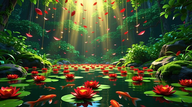 Vibrant red water lilies float on dark pond surface. Orange goldfish swim among blooms. Sunbeams filter through green forest canopy above, showering petals.