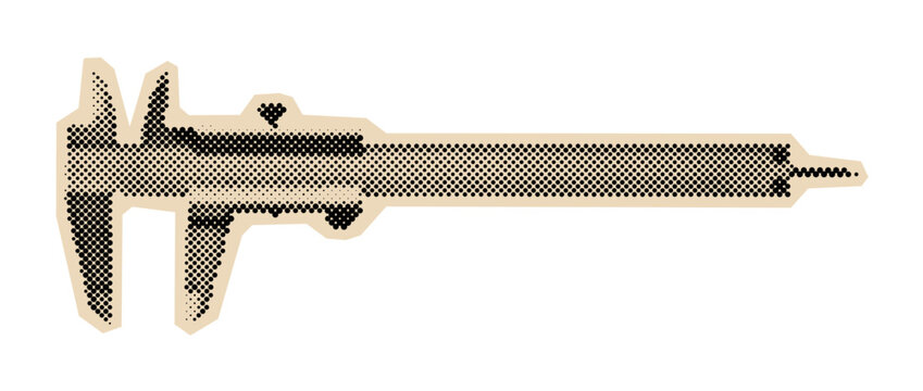 Vernier caliper tool for precision measurement, a classic engineering and workshop instrument rendered in a vintage halftone illustration style