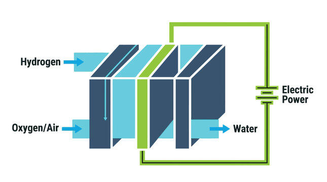 Detailed vector illustration of a hydrogen fuel cell diagram showing energy conversion with incoming gas inputs and output water flow