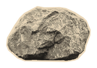 Single large rock or boulder with a rough, textured surface, rendered in a vintage monochrome halftone illustration style © Mr. Stocker