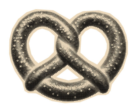 Soft pretzel illustration of a traditional baked snack with salt, rendered in a vintage monochrome halftone style