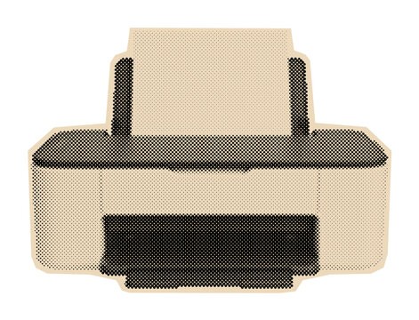 Desktop inkjet printer for home and office use, a computer peripheral device illustrated in a monochrome retro halftone dot style