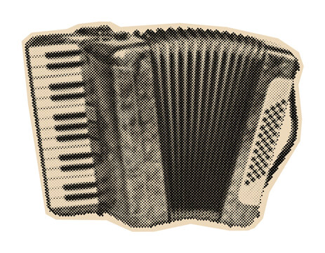 Piano accordion musical instrument for folk music, rendered in a vintage halftone illustration style with a retro engraving effect