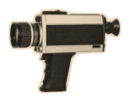Vintage Super 8 movie camera for shooting home films, rendered in a classic halftone pop art illustration style