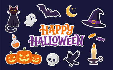 Fototapeta premium Halloween colorful vector graphic with happy halloween text and spooky icons