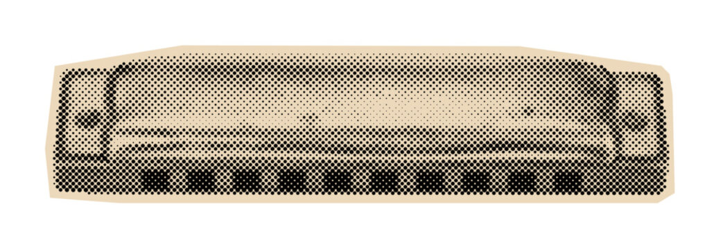Harmonica illustration in a vintage halftone style, depicting a classic musical instrument with retro charm