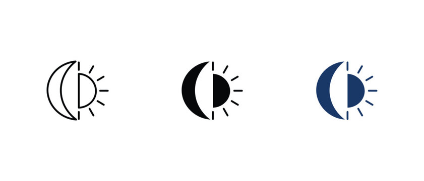 Dark mode icons, Day night symbols, Sun moon labels, Light theme graphic. vector illustration