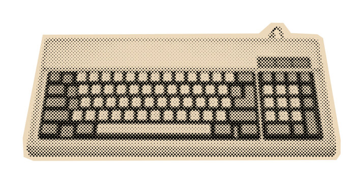 Vintage computer keyboard illustration with a numeric keypad, rendered in a retro halftone pop-art style
