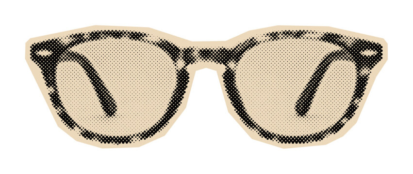 Vintage eyeglasses illustration with retro halftone shading, depicting classic eyewear in a pop-art style