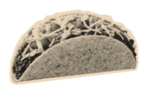 Vintage taco illustration with a hard shell and filling, rendered in a retro halftone pop-art style