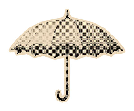 Vintage umbrella illustration with halftone shading, a classic weather protection accessory in retro pop-art style