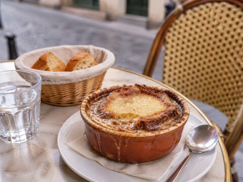 Comida en restaurante con sopa de cebolla y pan en mesa de caf&eacute;