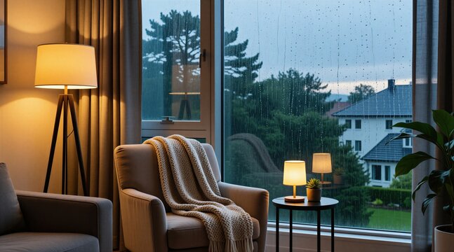 Cozy living room with armchair, warm lamps, and large window showing rainy weather outside. Indoor scene with plush blanket, perfect for relaxation and peaceful home atmosphere during stormy weather.