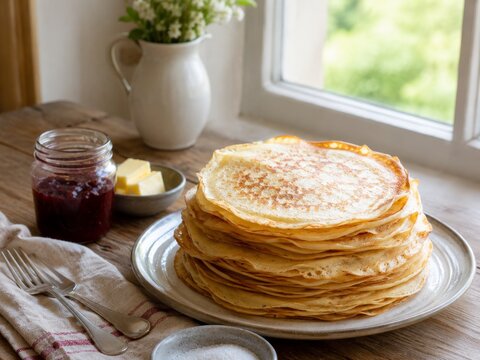 Deliciosas crepas apiladas en un plato con mermelada y mantequilla al lado