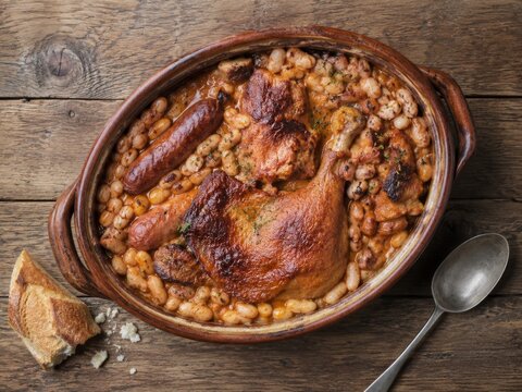 Deliciosa comida casera con carne y frijoles en un plato de barro en una mesa de madera