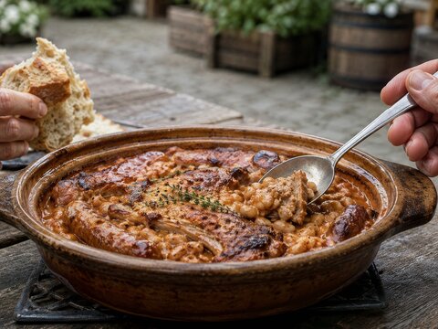 Preparaci&oacute;n de un platillo con carne y frijoles en un recipiente de barro en un ambiente r&uacute;stico