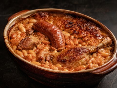Platillo caliente con pollo, salchichas y frijoles blancos en una fuente de barro
