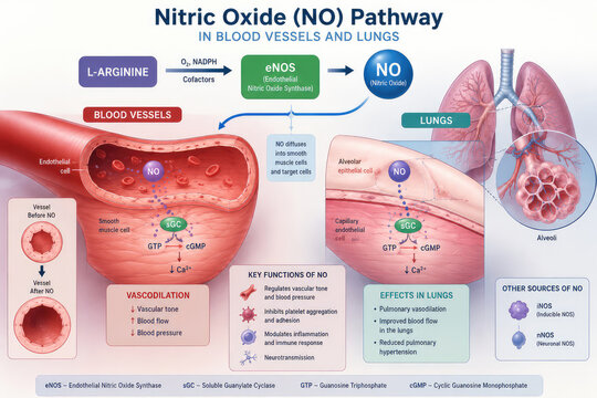 Nitric Oxide (NO) Pathway in Blood Vessels and Lungs Medical Infographic Diagram