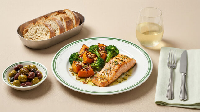 Grilled salmon fillet with grilled broccoli and squash topped with nut pieces; served with a bread basket, a mix of olives, and a glass of white wine.