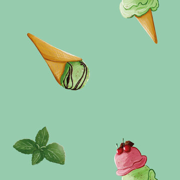 Summer pattern which includes two tipes of ice-cream and mint on green background. Made in Procreate in Watercolour technique. Jpeg file. 300 DPI
