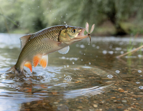 Fish jumping out of a river to catch a winged insect