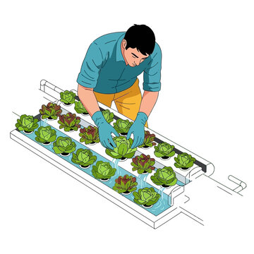 A man in a greenhouse is planting lettuce in a hydroponic system with rows of plants.