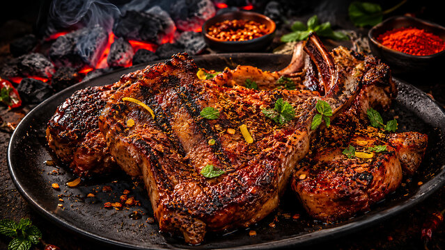 Grilled lamb chops with smoky char crust chili spices mint herbs and glowing coals for bold barbecue meat feast rustic dinner platter photography