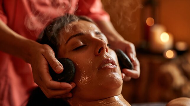 Spa therapist pressing two heated basalt stones along a client's cheekbones with steam rising in a warm amber spa.