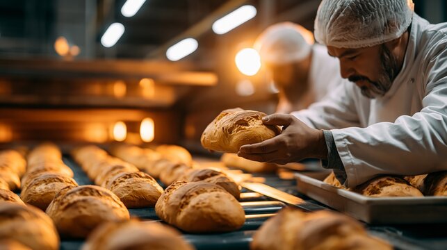 Bakery worker sorting freshly baked golden bread loaves on a conveyor checking crust color and shape in a commercial bakery.