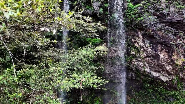 Aerial View of Twin Falls Cascading Into a Natural Rock Pool, Nestled Within the Gondwana Rainforests of Springbrook National Park, Queensland, Australia