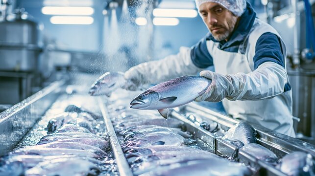 Fish processing worker sorting fresh Atlantic salmon by size into graded lanes on a wet stainless conveyor in a cold facility.