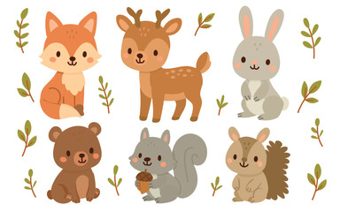 Fototapeta premium Forest animal cartoon with cute vector nature and bear illustration set. Bird baby isolated with woodland forest flat and design fox deer. Rabbit fox forest with animals squirrel cute