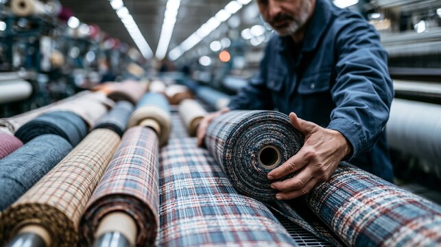Textile factory worker redirecting a large fabric roll from a conveyor belt onto a storage rack in a busy textile mill.