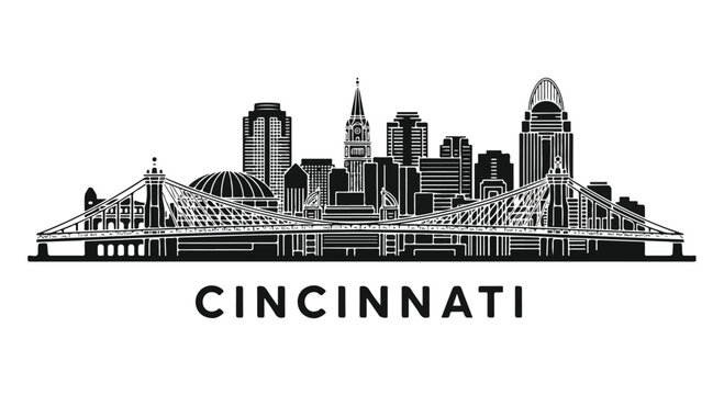 Iconic Cincinnati skyline illustration featuring bridges and downtown buildings.