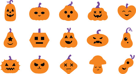 Obraz premium Collection of fifteen orange halloween pumpkins with diverse funny and scary facial expressions, isolated on a white background, set