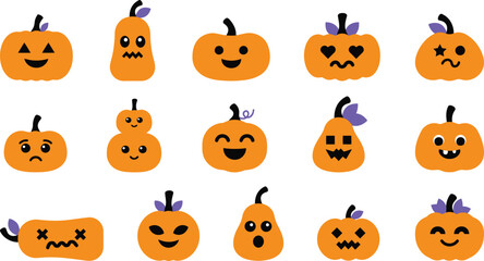 Fototapeta premium Fifteen orange halloween pumpkins with purple stems and various funny facial expressions, isolated on a white background