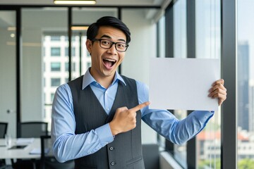 Fototapeta premium Excited Asian man in office holds blank paper. Businessman points to empty space for text. Professional guy smiles showing message area for advertising or announcement.