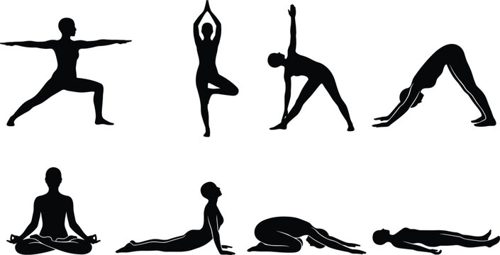 Yoga poses silhouettes set featuring a collection of female figures practicing wellness meditation and fitness exercises isolated on white background