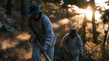 Fototapeta premium Korean wilderness trail maintenance crew uses hand tools to clear fallen October branches from a mountain footpath at golden hour, steam rising from the damp forest floor as
