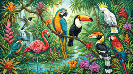 Colorful Tropical Birds and Rainforest Wildlife Illustration Featuring Parrots Toucans Flamingo Cockatoo Kingfisher and Lush Jungle Nature © SHOJEB