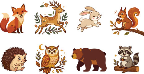 Naklejka premium Cute Woodland Forest Animals Collection Featuring Fox Deer Rabbit Squirrel Hedgehog Owl Bear and Raccoon Vector Illustration