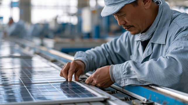 Mongolian solar module stringer operator placing cut tabbing wire across photovoltaic cell row on production conveyor, renewable manufacturing line, cleanroom-adjacent