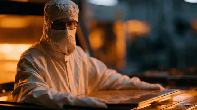Iranian semiconductor photolithography operator loading wafer cassette into exposure tool chamber, fab cleanroom environment, orange safelight glow across surfaces, advanced chip