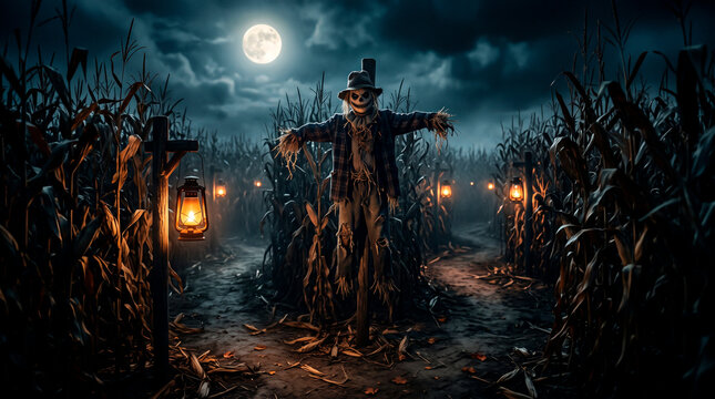 Spooky Scarecrow in a Moonlit Cornfield with Lanterns