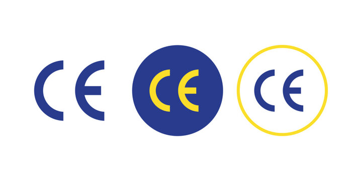 CE Mark Symbol Set Vector &ndash; European Conformity Certification Icons Collection in Blue and Yellow with Standard, Circular and Outlined Variations for Product Compliance