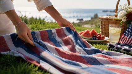 Person Arranging Red White and Blue Beach Blanket for a Patriotic Picnic