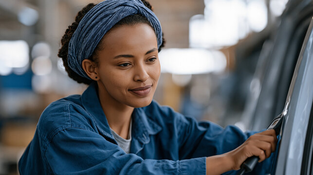 Ethiopian female automotive final inspection engineer checking door gap tolerances with digital gauge along assembly line, reshoring narrative, quality assurance in passenger