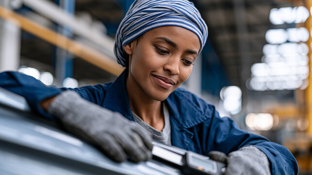 Ethiopian female automotive final inspection engineer checking door gap tolerances with digital gauge along assembly line, reshoring narrative, quality assurance in passenger